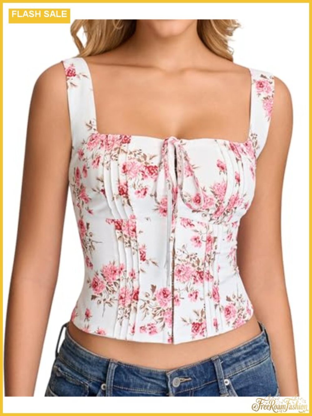 Floral Corset Top Lace Up Bustier Square Neck Crop Top